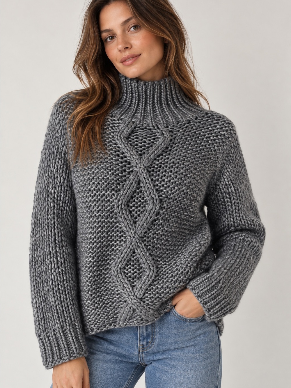 Hand Knit Chunky Gray Cable Turtleneck Sweater S/M